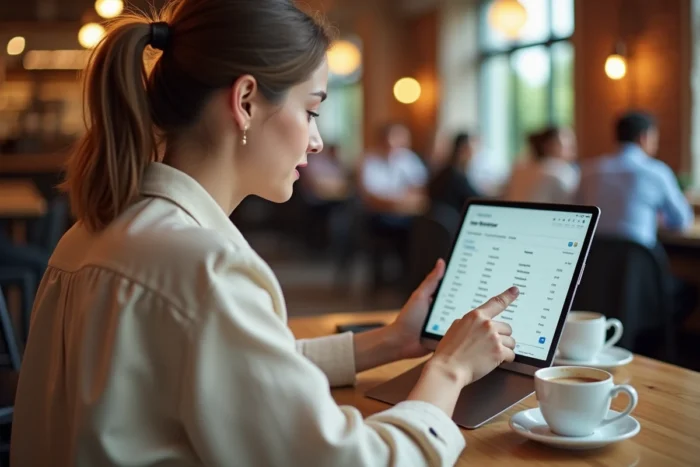 Jeune femme accédant à son espace personnel sur une application RH depuis une tablette dans un café