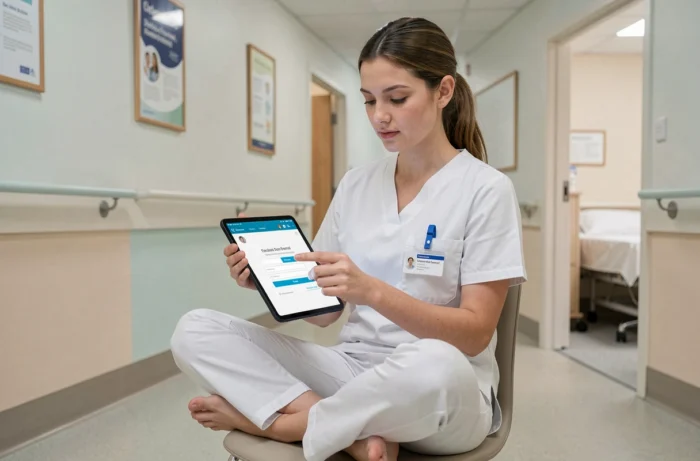 Aide-soignante utilisant une tablette pour accéder à Netsoins Domusvi dans un couloir de maison de retraite