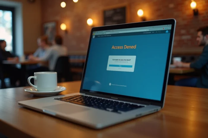 Écran d'ordinateur portable affichant une erreur d'accès refusé à un service cloud dans un café