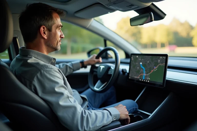 Conducteur activant le système de conduite autonome sur l'écran tactile d'une voiture électrique moderne