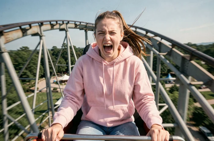 Adolescente exprimant sa joie sur un grand huit dans un parc d'attractions parisien