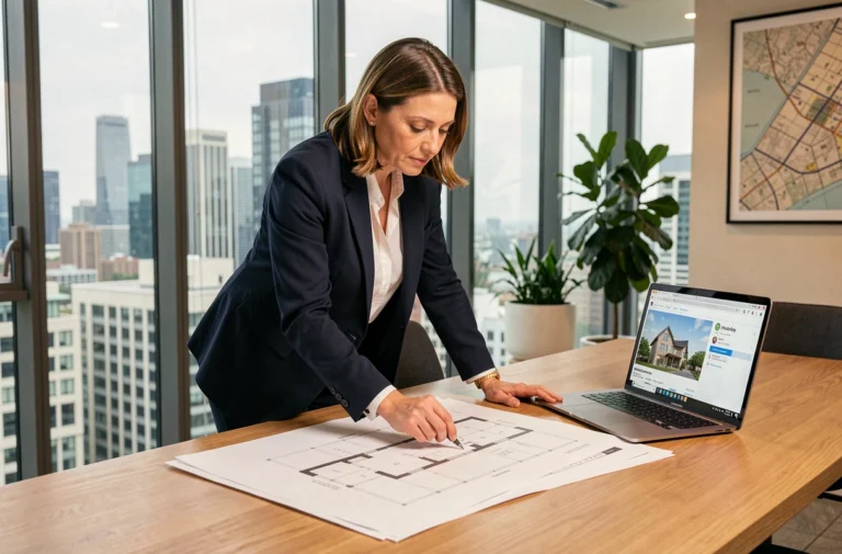 Agent immobilière professionnelle analysant des plans et annonces immobilières dans un bureau moderne et lumineux