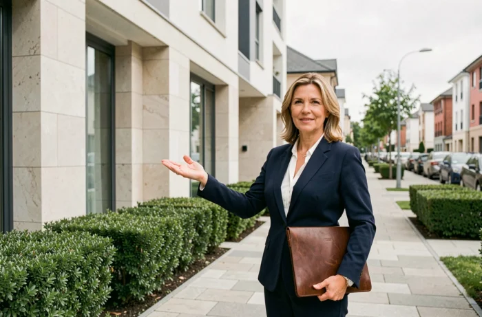 Professional real estate agent presenting a modern residential building to potential buyers