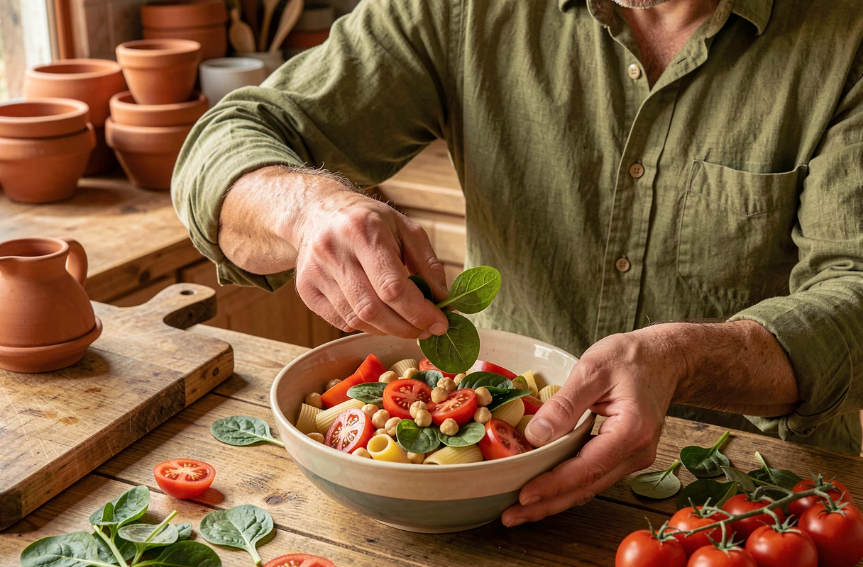 Homme ajoutant des légumes frais à son repas selon le principe d'alimentation par ajout