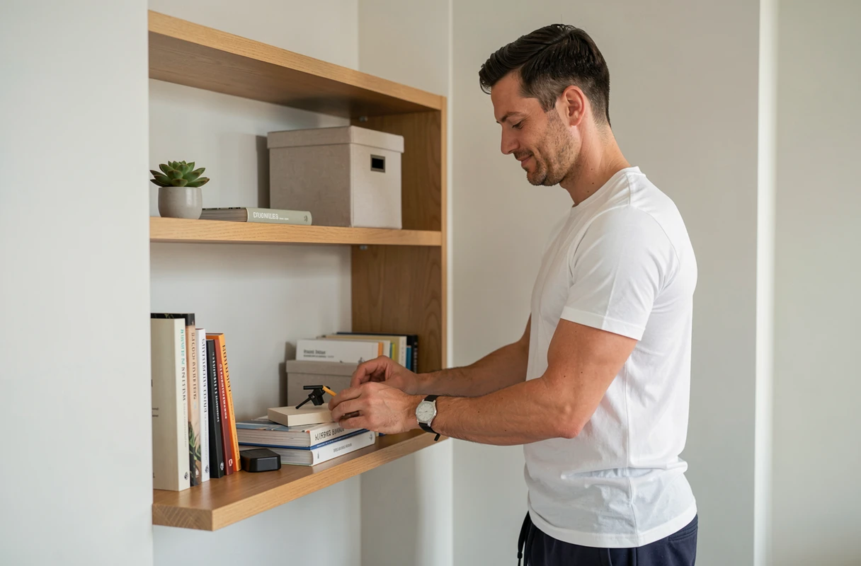 Homme rangeant soigneusement une étagère dans un coin de bureau pour créer un espace ordonné