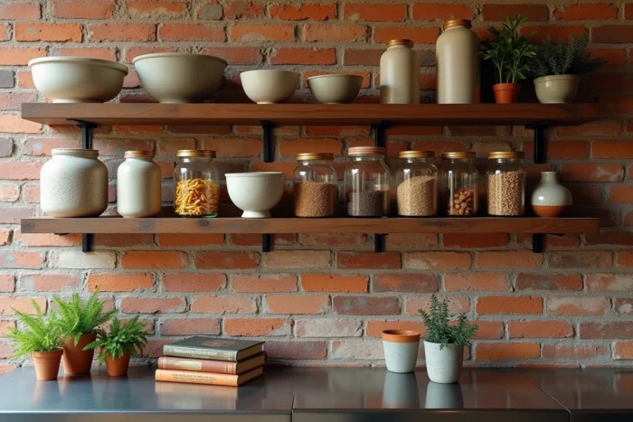 Étagères de cuisine ouvertes bien organisées avec céramiques, bocaux en verre et herbes aromatiques sur fond de mur en briques