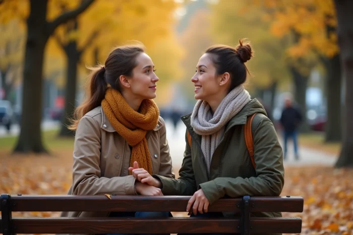 Deux amies dans un parc en automne, l'une distraite et perdue dans ses pensées en pensant à quelqu'un