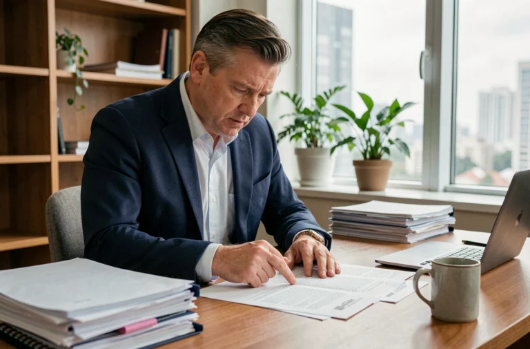 Homme d'affaires analysant des documents contractuels liés à une société immobilière à risque dans un bureau moderne