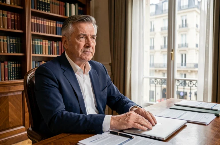 Portrait d'un homme d'affaires français distingué assis à son bureau, illustrant la vie professionnelle d'André-Louis Auzière