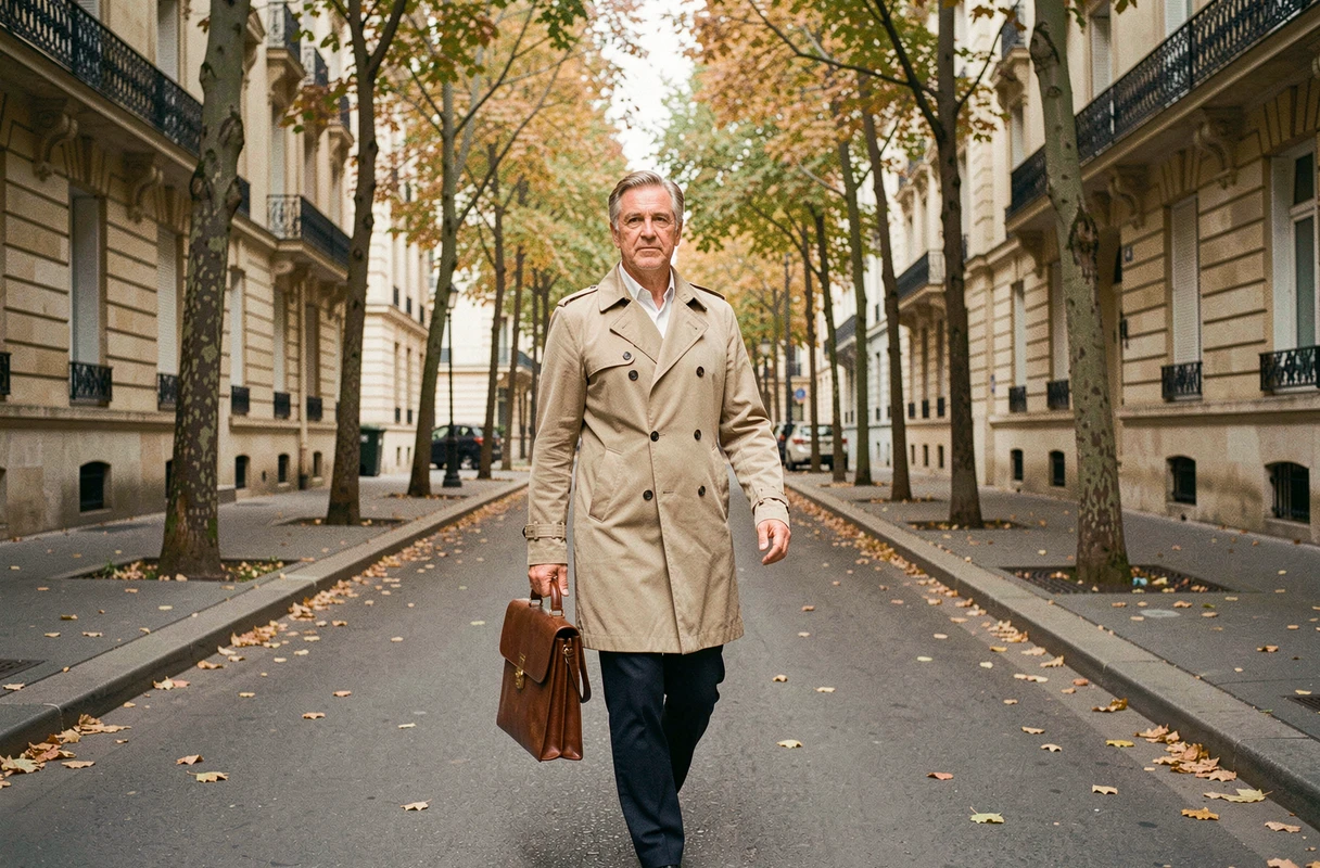 Homme élégant marchant sur un boulevard parisien en automne, évoquant le parcours discret et la vie privée d'André-Louis Auzière
