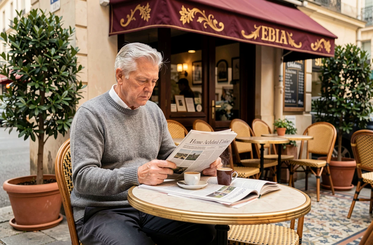 Homme aux cheveux gris lisant un journal en terrasse d'un café français, illustrant la vie discrète et quotidienne d'André-Louis Auzière