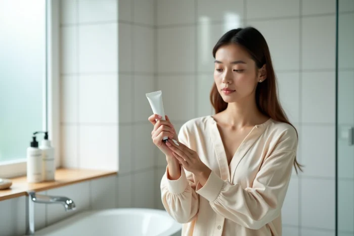 Femme appliquant de la crème Ialuset sur son avant-bras dans une salle de bain moderne