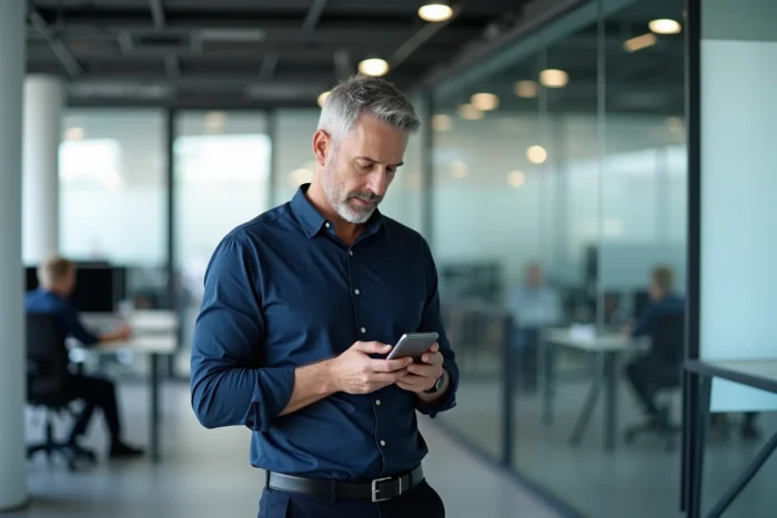 Homme consultant l'application My People Doc sur smartphone dans un environnement de bureau professionnel