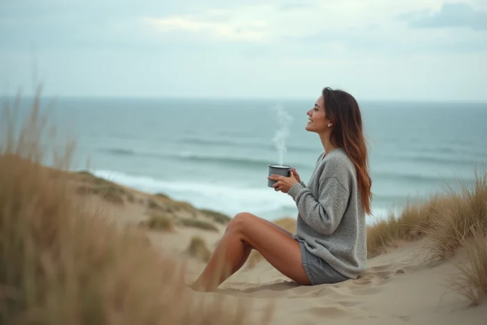 Randonneuse en bivouac sur une dune face à l'océan Atlantique dans les Landes