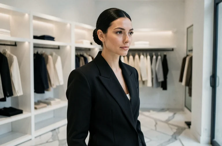 Femme portant un blazer structuré aux épaules marquées inspiré des grands couturiers, dans une boutique de mode parisienne