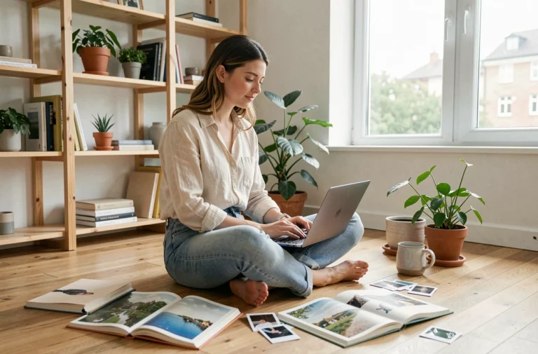 Jeune femme blogueuse lifestyle travaillant sur son ordinateur portable entourée de carnets de voyage et de photos polaroid dans un bureau scandinave chaleureux