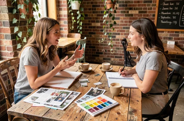 Deux blogueuses partageant des inspirations créatives autour d'un café dans un café indépendant avec carnets, aquarelles et découpages de magazines