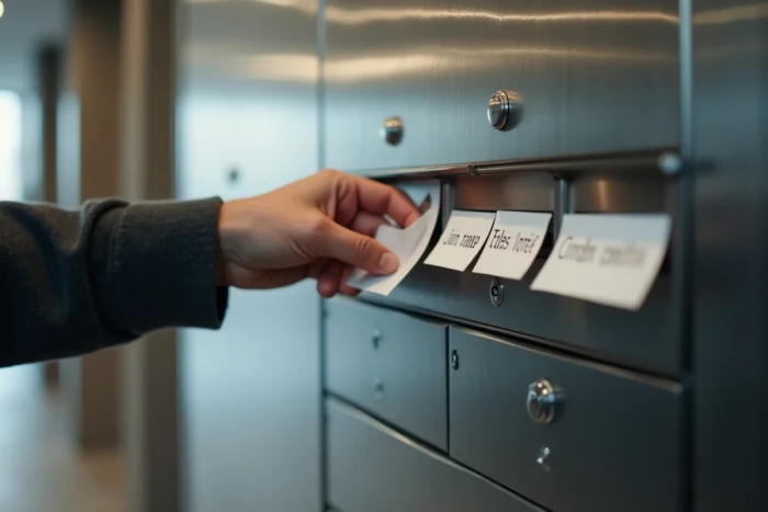 Gros plan sur un interphone de boîte aux lettres en immeuble avec plusieurs noms de résidents