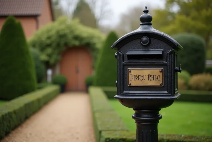 Boîte aux lettres sur pied avec plaque nominative gravée portant deux noms dans un jardin résidentiel