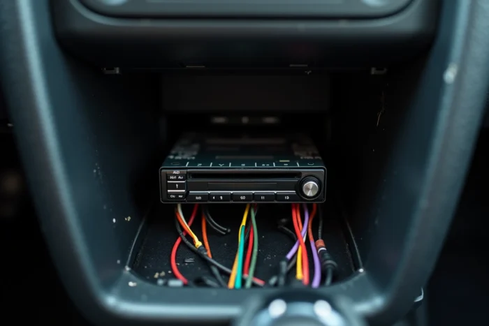 Vue rapprochée des fils colorés et connecteurs ISO lors du montage d'un autoradio Android dans un tableau de bord Peugeot