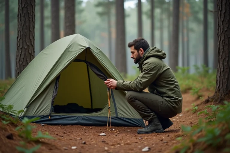 Campeur installant sa tente de bivouac dans une forêt de pins des Landes au petit matin