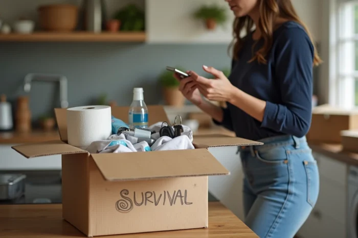 Femme préparant un carton de survie pour le jour du déménagement, contenant les essentials comme chargeur, bouteille d'eau et trousse de secours
