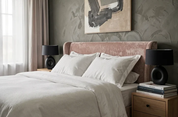 Chambre élégante et intemporelle avec tête de lit en velours, literie blanche et mur en teinte greige, décoration raffinée et luxe discret