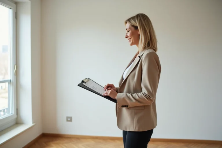Propriétaire vérifiant une checklist de départ de locataire dans un appartement vide
