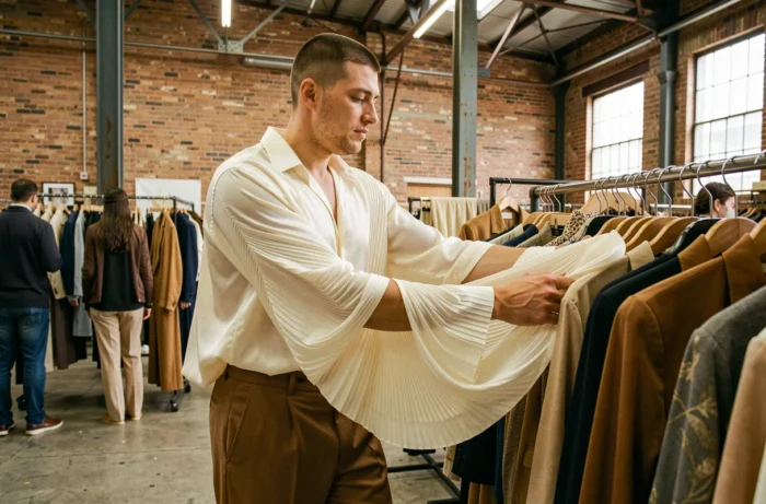 Homme en chemise drapée inspirée des techniques de plissé haute couture, feuilletant des vêtements dans un marché de mode industriel