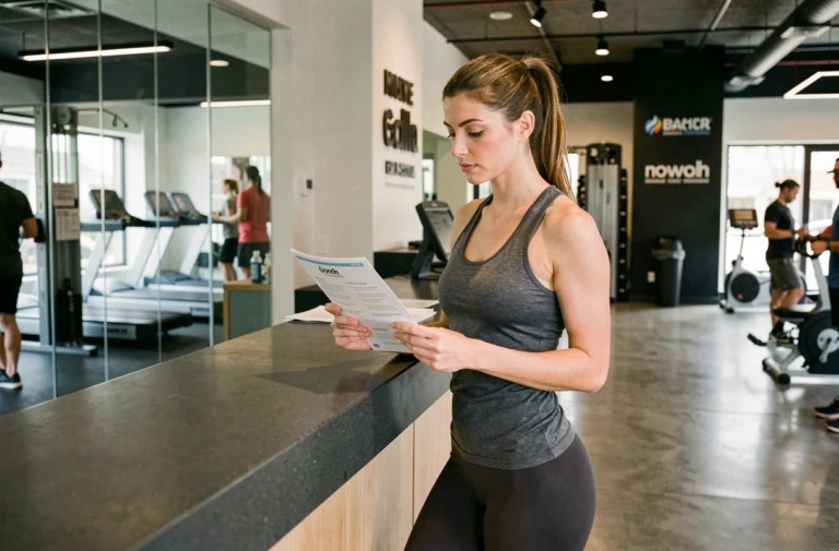 Femme évaluant les critères d'une salle de sport moderne à l'accueil, consultant une brochure d'adhésion