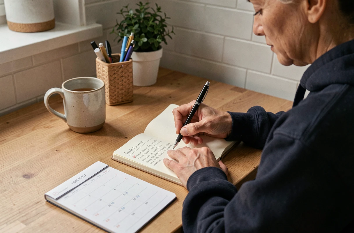 Femme écrivant une seule habitude choisie dans son journal avec un calendrier montrant un mois de régularité