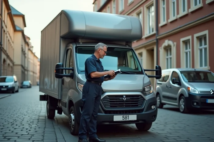 Chauffeur d'un petit camion de déménagement consultant son carnet de bord à côté du chronotachygraphe visible sur le tableau de bord