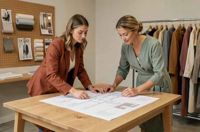 Deux femmes professionnelles de la mode collaborant autour d'un plan de site imprimé dans un bureau de boutique