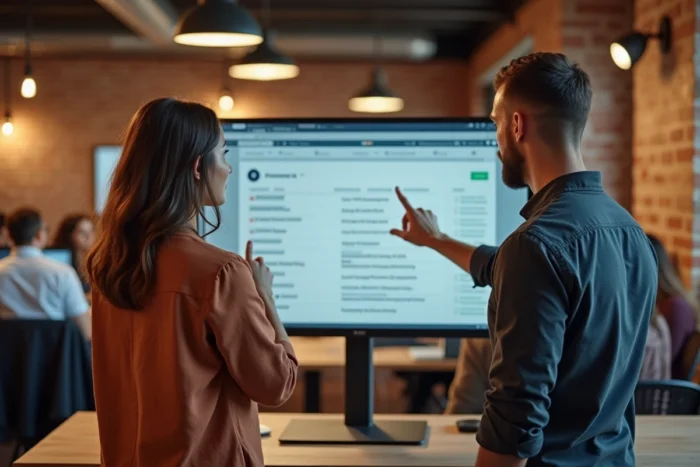 Deux collègues analysant des annonces professionnelles en ligne sur un écran dans un espace de coworking