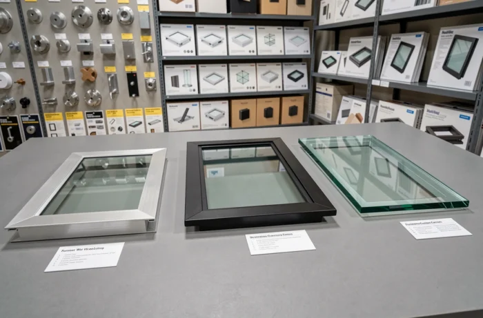 Comparaison de trois types de trappes de cave en verre en showroom, différents cadres aluminium, acier et verre structurel