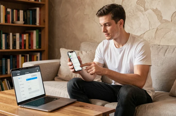 Jeune homme configurant son adresse email Akeonet sur smartphone depuis son salon