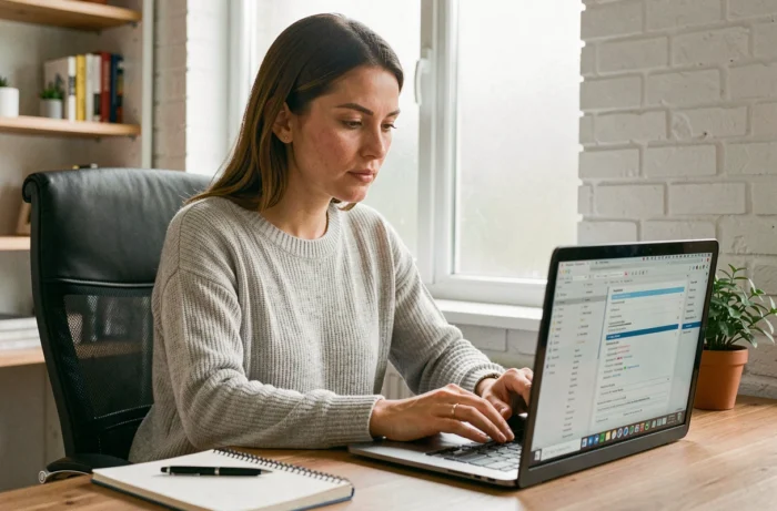 Femme configurant sa messagerie Akeonet sur un ordinateur portable dans un bureau à domicile moderne