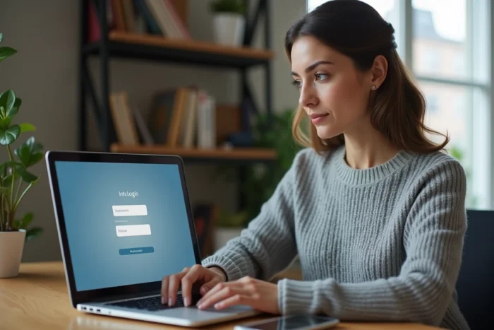 Femme connectée à son espace client sur un portail en ligne depuis un bureau à domicile