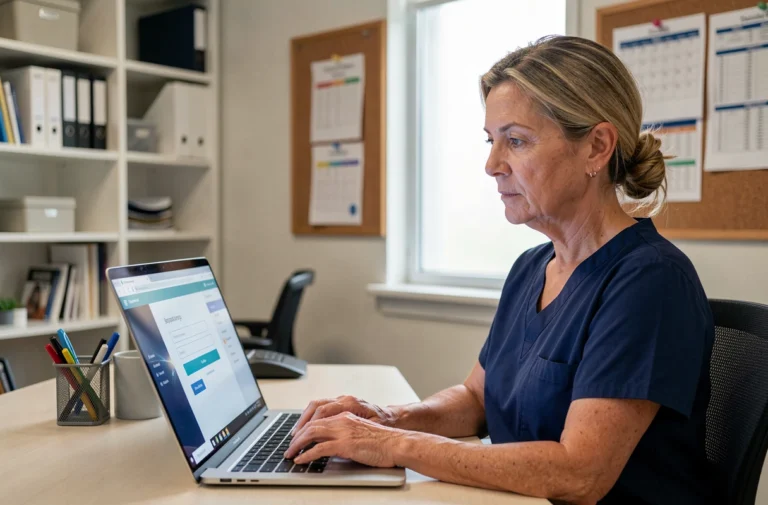 Soignante en blouse bleue se connectant au portail Netsoins Domusvi sur un ordinateur portable dans un bureau de soins