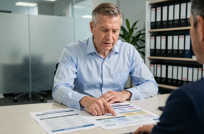 Finanzberater, der einem Kunden in einem professionellen Büro Immobilienkredit-Zinsen präsentiert