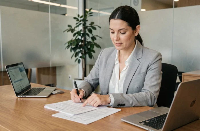 Femme conseillère bancaire examinant un contrat de crédit dans un bureau moderne