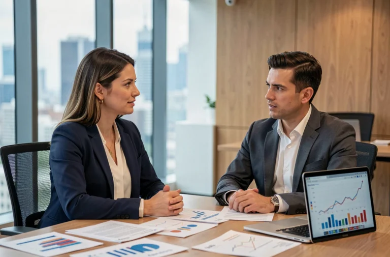 Conseillère financière professionnelle expliquant des stratégies d'investissement à un client dans un bureau moderne