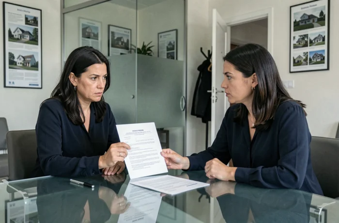 Femme interrogeant un conseiller immobilier sur les clauses d'un contrat de logement suspect