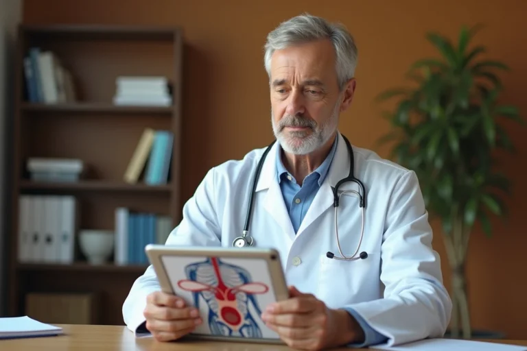 Médecin urologue en consultation médicale examinant des schémas anatomiques masculins sur une tablette dans un cabinet professionnel