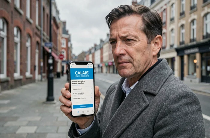 Personne consultant les coordonnées et l'adresse de la CPAM Calais sur son smartphone dans la rue