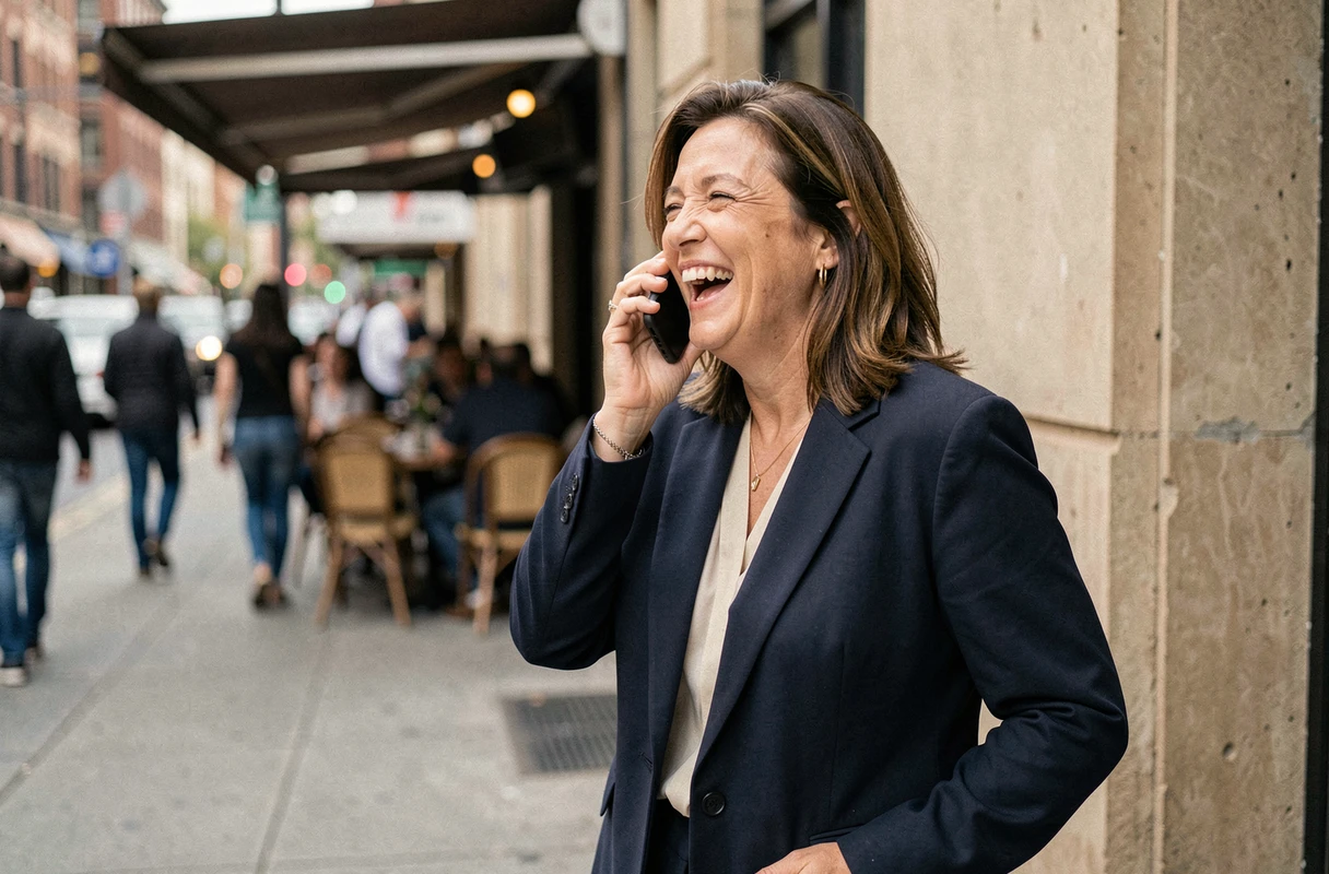 Femme riant lors d'une courte conversation téléphonique intentionnelle dans la rue