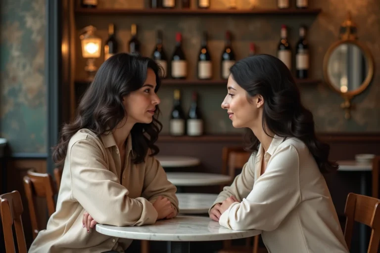 Deux femmes en conversation intime dans un café parisien, évoquant les confidences entre proches sur la vie amoureuse d'un couple célèbre