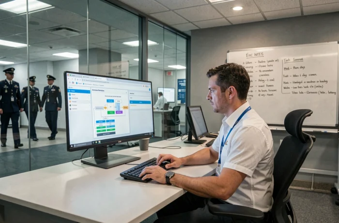 Coordinateur au sol Air France naviguant sur le portail intranet IPN pour accéder aux processus métier internes depuis un poste de travail en salle de briefing