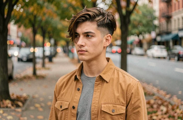 Jeune homme arborant une coupe de cheveux mi-longue dégradée en extérieur dans une rue automnale