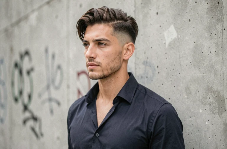 Homme aux cheveux mi-longs dégradés avec un style urbain tendance devant un mur en béton